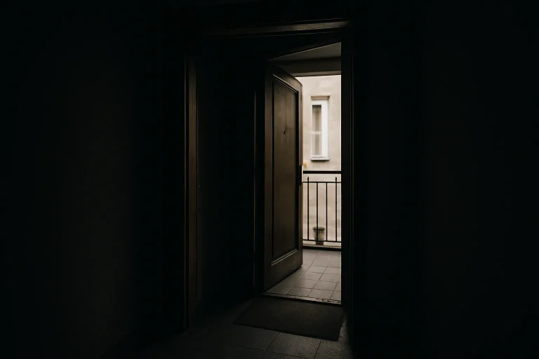 Entrée d'appartement sombre avec lumière tamisée, ambiance silencieuse