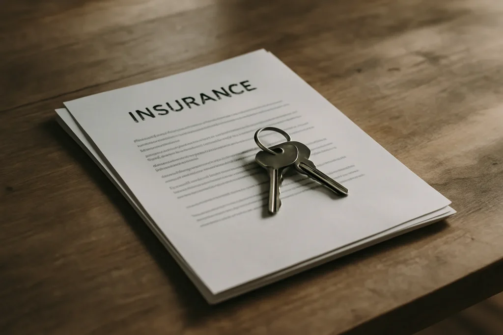 Documents d'assurance et clés posés sur une table en bois, éclairage latéral