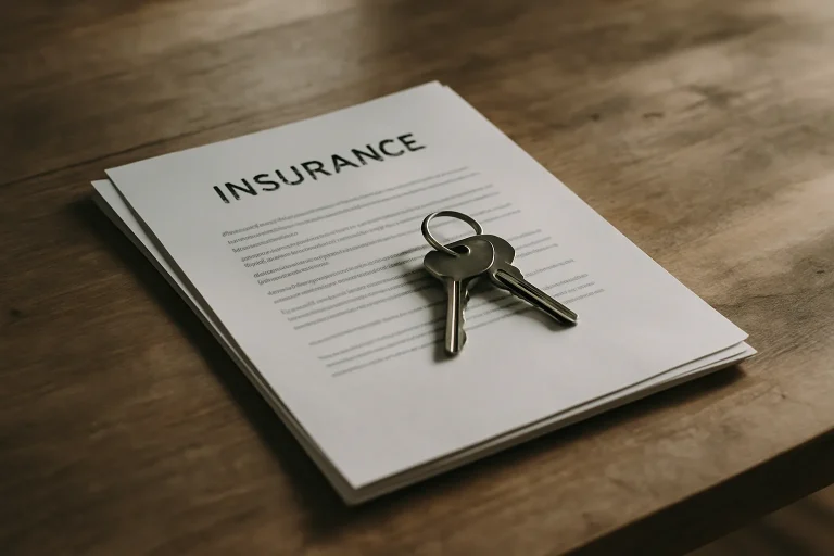 Documents d'assurance et clés posés sur une table en bois, éclairage latéral