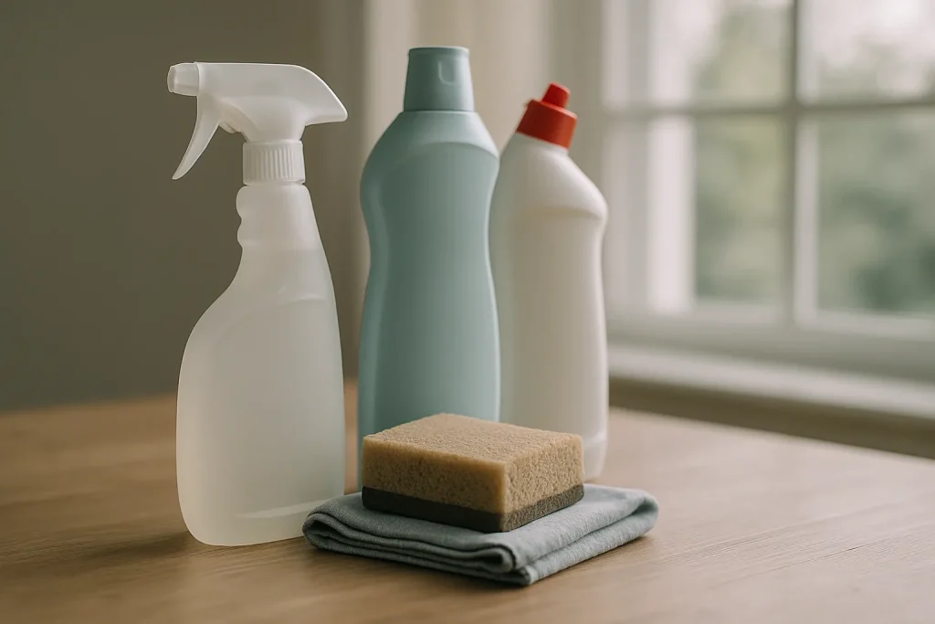 Produits de nettoyage spécialisés sur une table en bois, éclairage doux