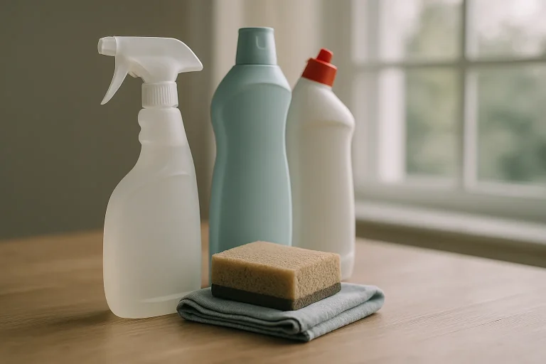 Produits de nettoyage spécialisés sur une table en bois, éclairage doux