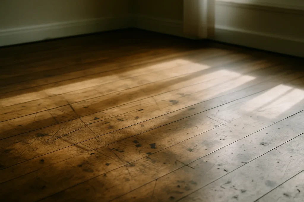 Gros plan sur un parquet ancien avec des rayures et des taches visibles