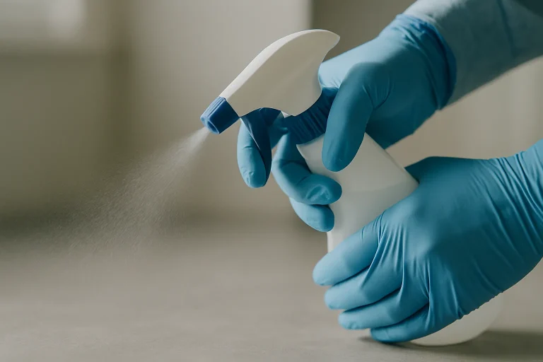 Gros plan sur un vaporisateur de désinfection en action, gants bleus visibles