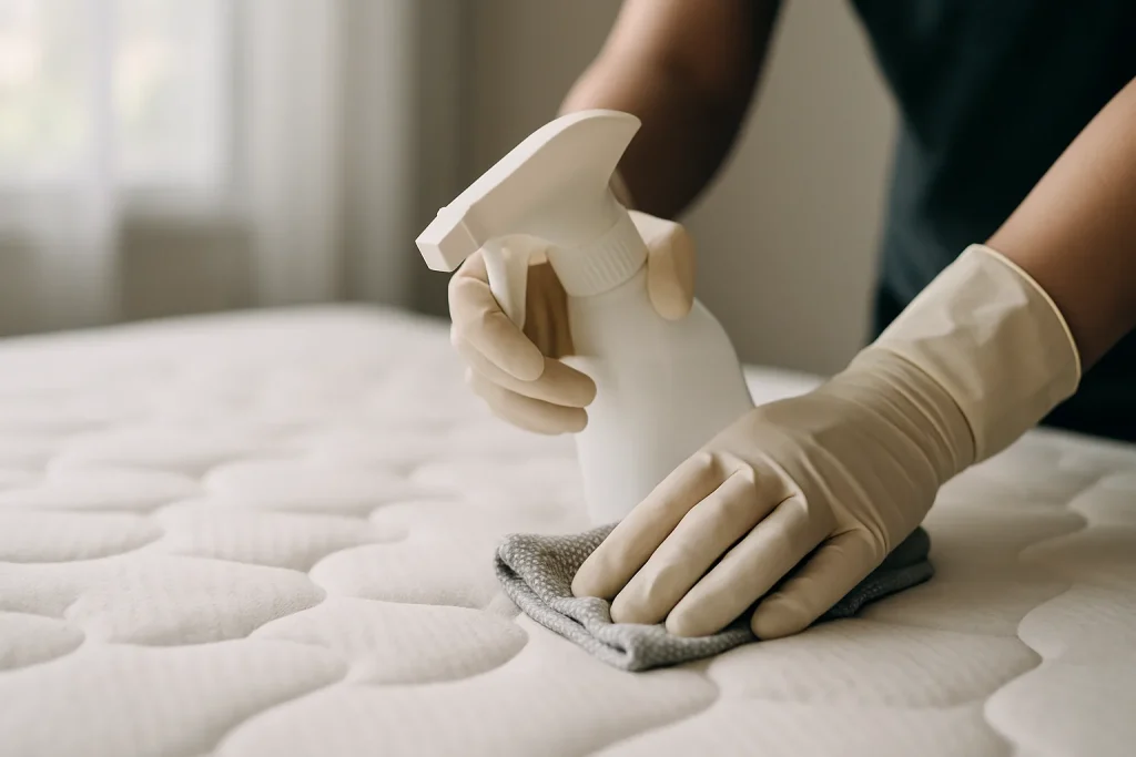 Des mains gantées nettoyant un matelas contaminé avec un produit