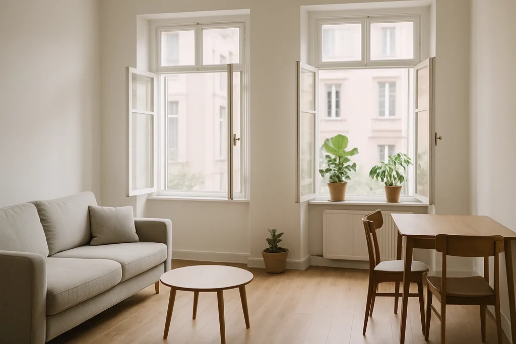 Appartement lumineux avec grandes fenêtres ouvertes, intérieur minimaliste et plantes.