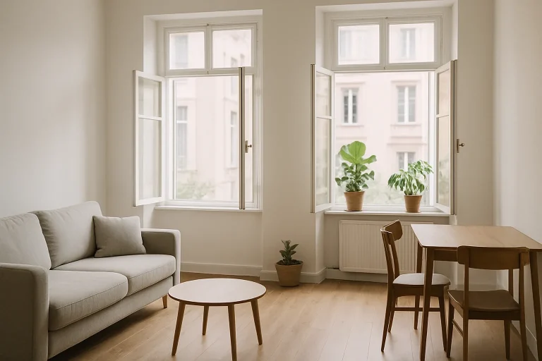 Appartement lumineux avec grandes fenêtres ouvertes, intérieur minimaliste et plantes.