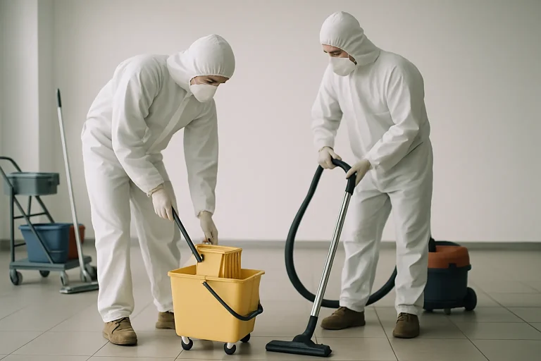 Deux techniciens en combinaison de protection nettoyant une pièce vide.