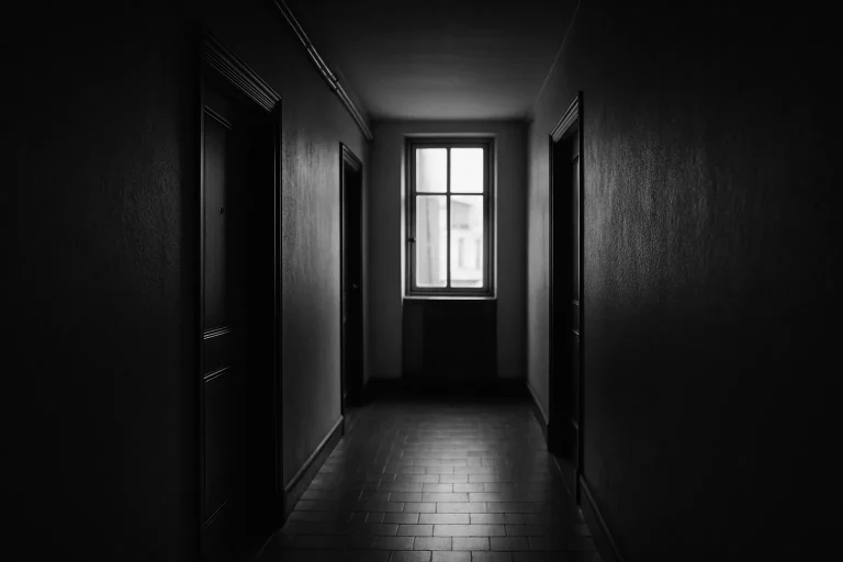 Couloir en copropriété éclairé par une lumière tamisée, ambiance silencieuse