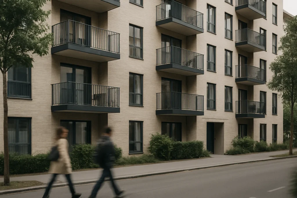 Bâtiment d'appartements vu de l'extérieur avec passants flous, lumière du jour.