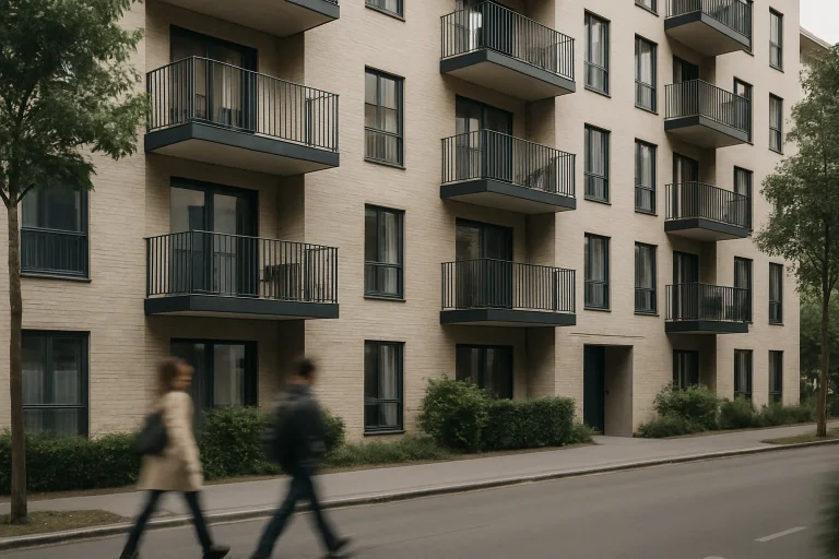 Bâtiment d'appartements vu de l'extérieur avec passants flous, lumière du jour.