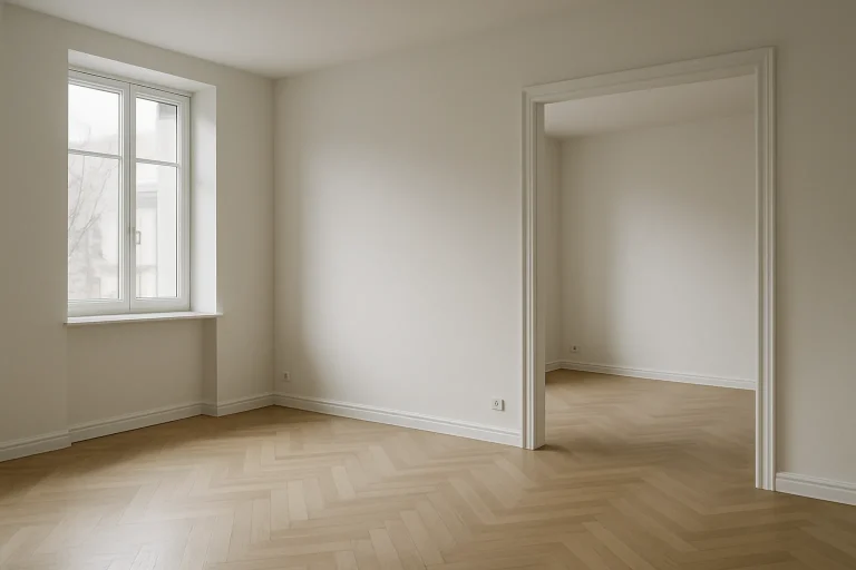 Intérieur d'un appartement vide avec lumière douce, nécessitant nettoyage après décès
