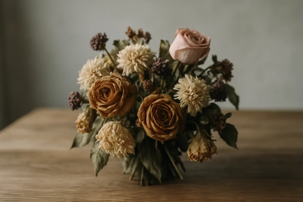 Bouquet de fleurs fanées sur une table, lumière douce, ambiance calme