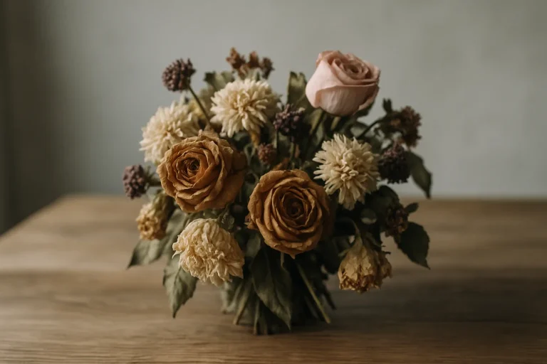 Bouquet de fleurs fanées sur une table, lumière douce, ambiance calme