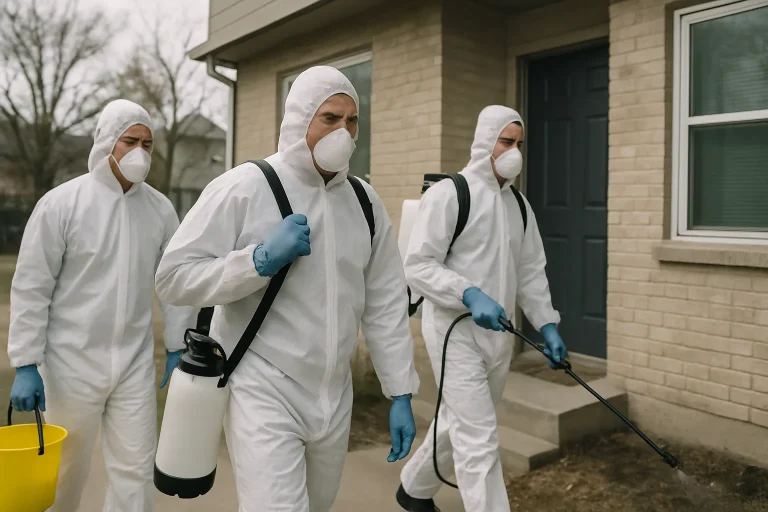 Trois professionnels en tenue de protection approchant un bâtiment pour un nettoyage après décès.
