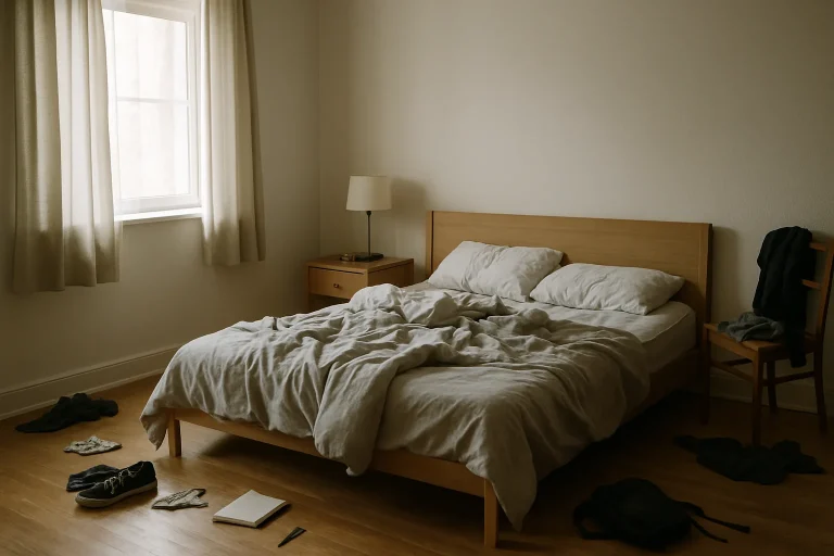 Chambre avec lit défait et objets éparpillés, lumière douce
