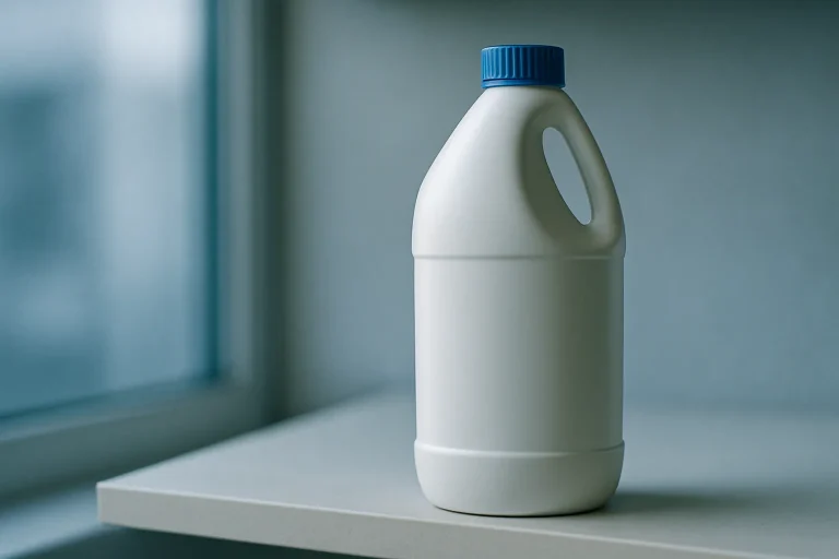 Gros plan d'une bouteille de javel posée sur une étagère avec lumière naturelle.