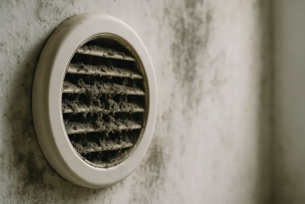 Gros plan sur une ventilation murale obstruée avec des moisissures visibles.