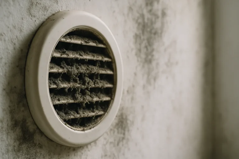 Gros plan sur une ventilation murale obstruée avec des moisissures visibles.