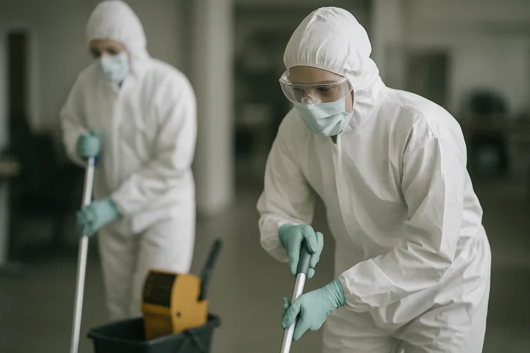Professionnels en combinaison de protection effectuant un nettoyage spécialisé dans un intérieur