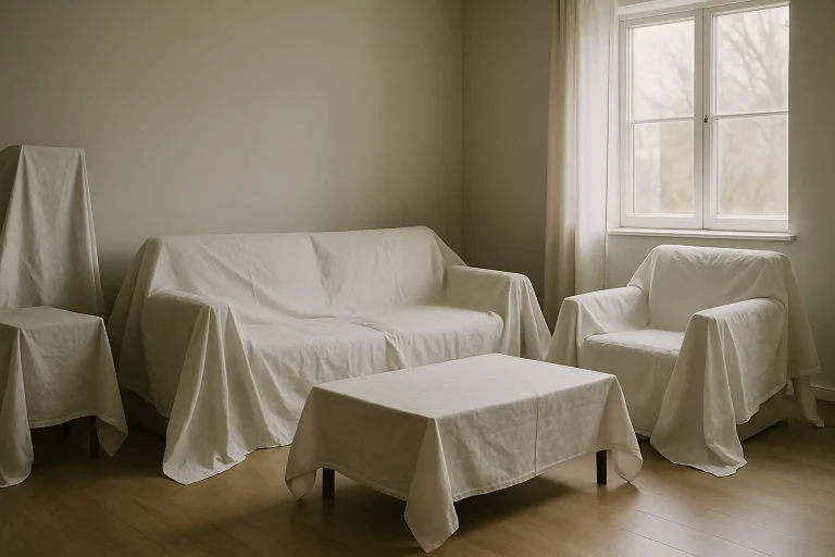 Salon avec meubles couverts de bâches blanches, lumière douce