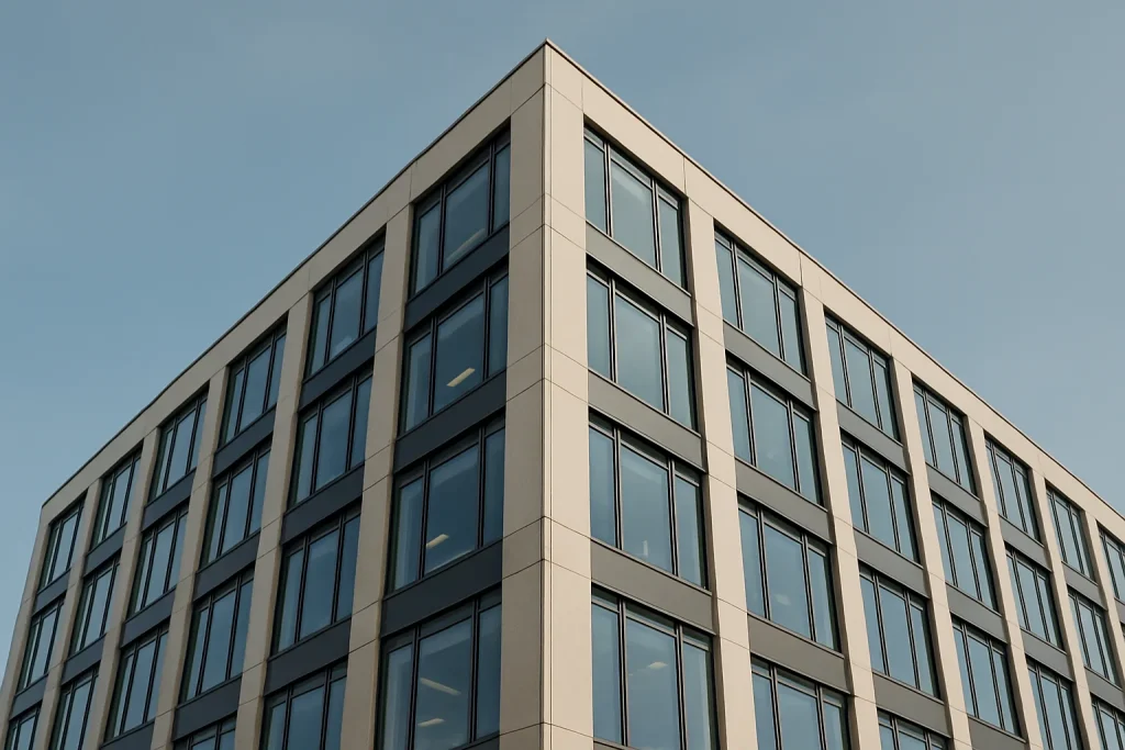 Vue extérieure d'un immeuble moderne, ciel dégagé, lumière du jour