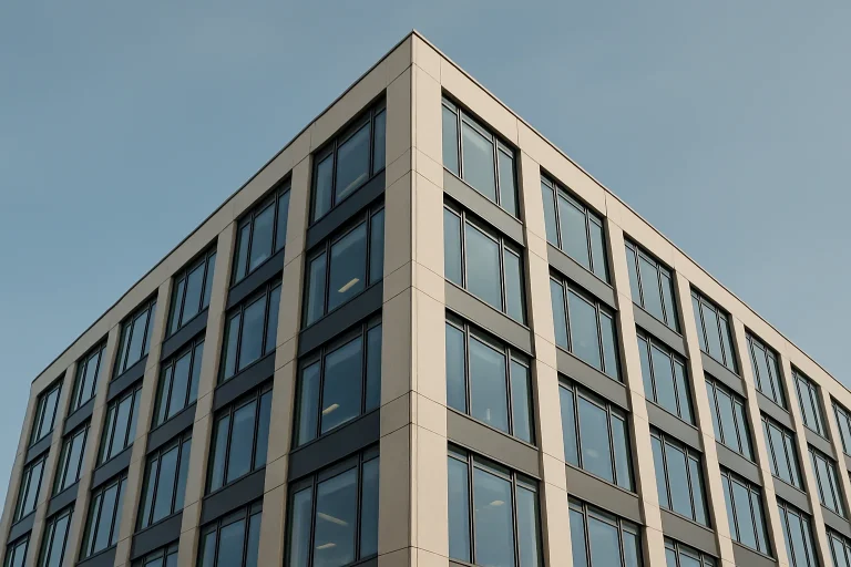 Vue extérieure d'un immeuble moderne, ciel dégagé, lumière du jour