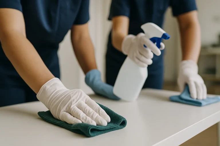 Mains de professionnels utilisant des outils de nettoyage après un décès à domicile