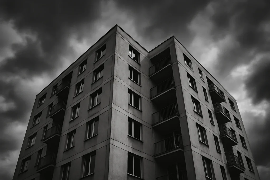 Immeuble résidentiel vu en noir et blanc, avec un ciel nuageux