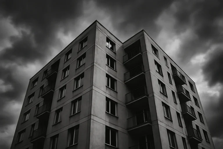 Immeuble résidentiel vu en noir et blanc, avec un ciel nuageux