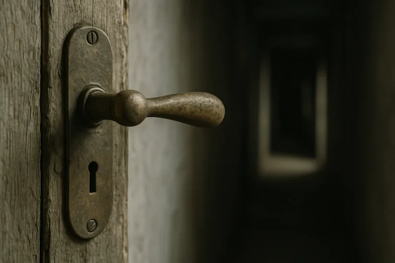 Gros plan sur une poignée de porte ancienne, lumière naturelle, couloir flou en arrière-plan.