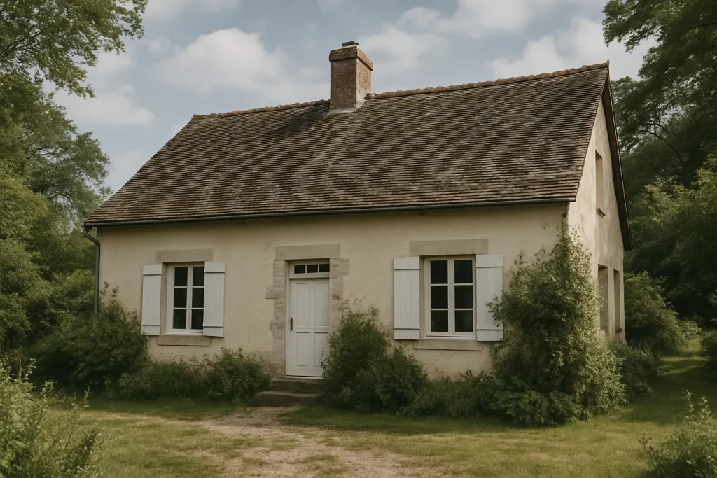 Maison de campagne entourée de végétation, ciel nuageux visible