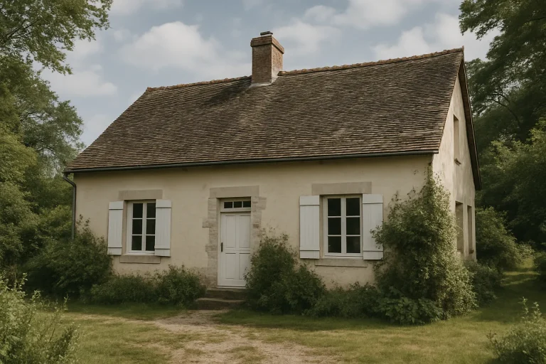 Maison de campagne entourée de végétation, ciel nuageux visible