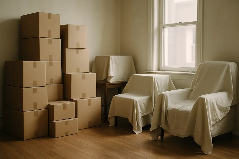 Pièce encombrée avec cartons empilés et meubles couverts de tissus, lumière douce