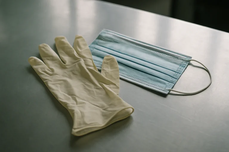 Gants de protection et masque chirurgical sur une table en métal