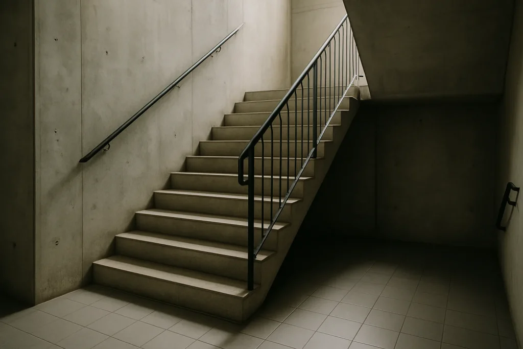 Cage d'escalier vide avec murs en béton et sol carrelé