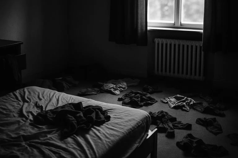 Scène en noir et blanc d'une pièce en désordre avec des vêtements dispersés, éclairée par une fenêtre.