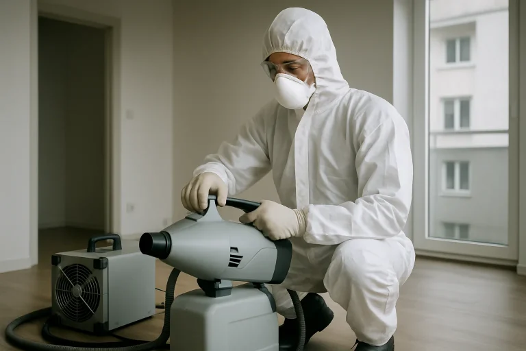 Technicien en combinaison désodorise un appartement après la découverte d'un corps.