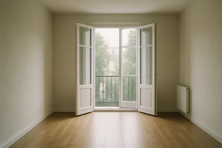 Intérieur d'une pièce lumineuse avec fenêtres ouvertes et sol propre.