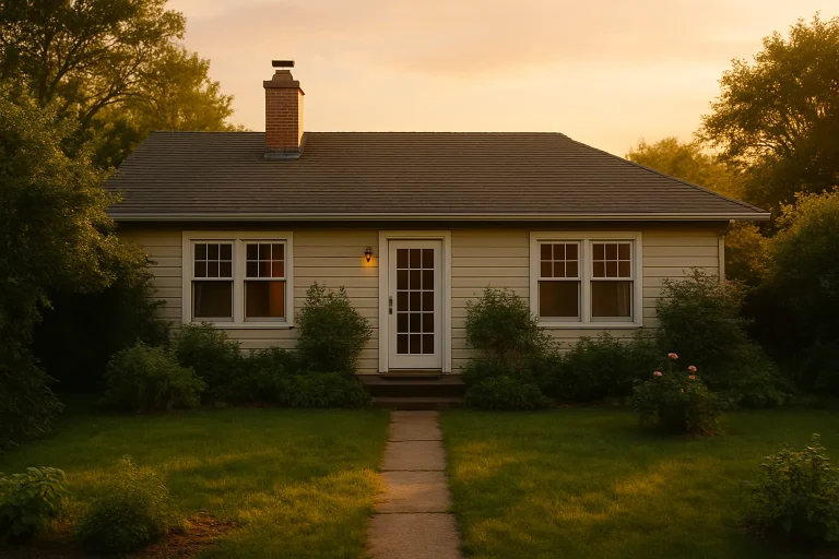 Vue d'une maison entourée de végétation sous la lumière dorée du soir.