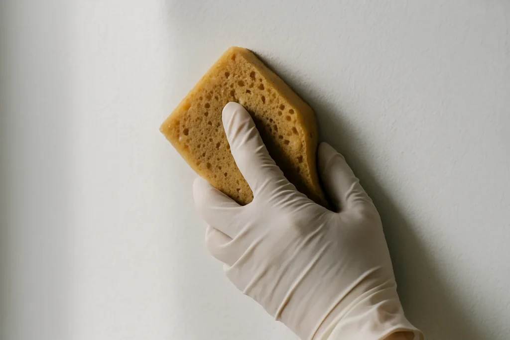 Main gantée nettoyant un mur blanc avec une éponge humide, lumière naturelle.