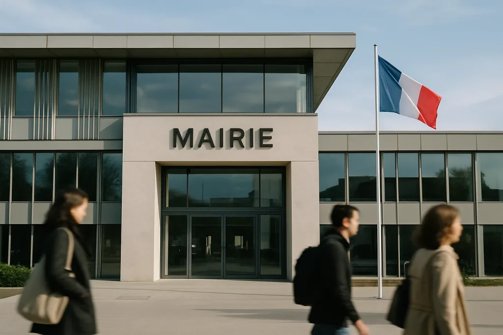 Vue extérieure d'une mairie moderne avec drapeau français, ciel bleu