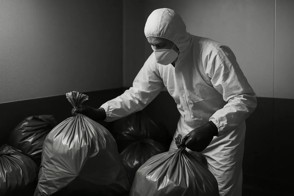 Technicien en combinaison manipulant des sacs de déchets dans un espace clos, en noir et blanc