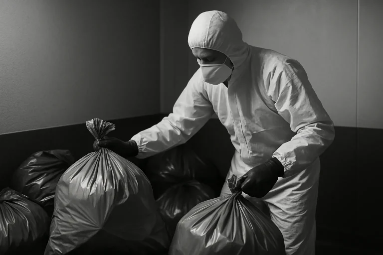 Technicien en combinaison manipulant des sacs de déchets dans un espace clos, en noir et blanc