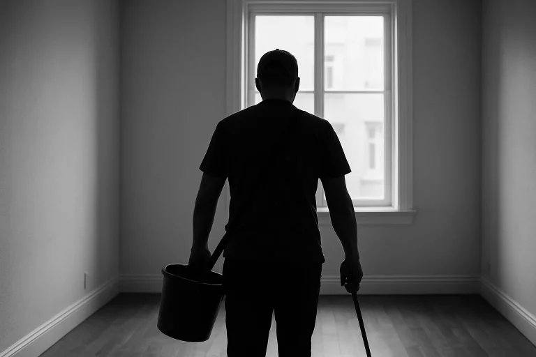 Silhouette d'un agent de nettoyage dans un appartement vide, ambiance sérieuse