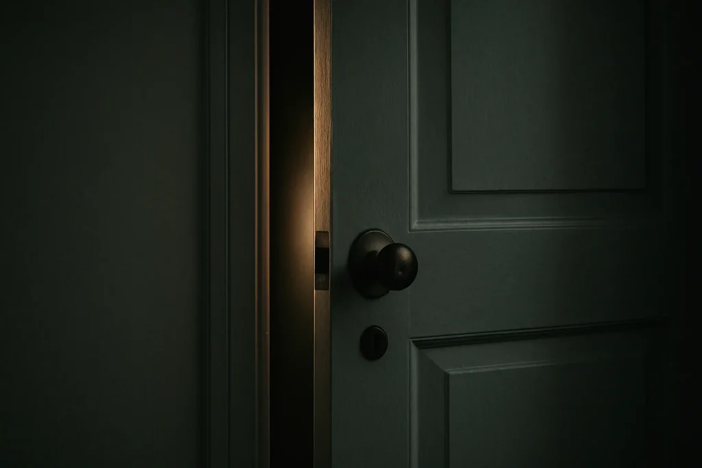 Gros plan d'une porte d'appartement entrebâillée avec lumière douce