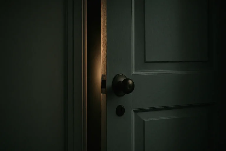 Gros plan d'une porte d'appartement entrebâillée avec lumière douce