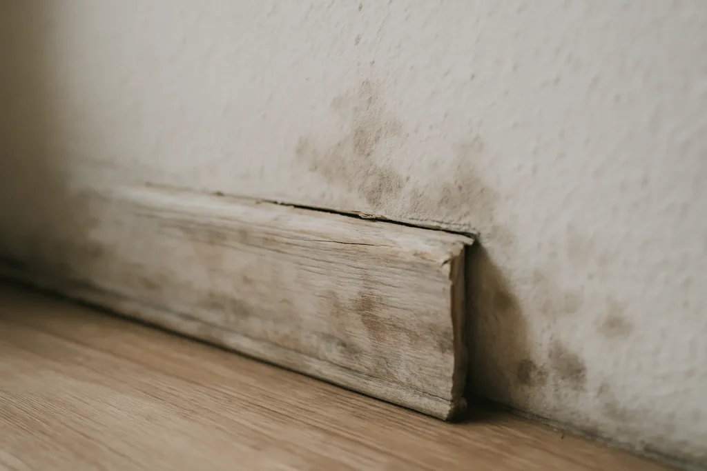 Plinthe en bois décolorée montrant des signes d'humidité et de décollement du mur.