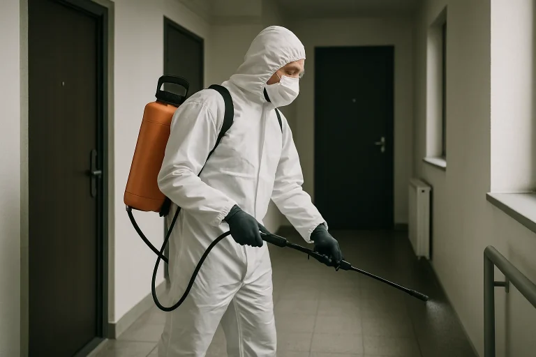 Technicien en combinaison pulvérisant un produit dans un couloir d'immeuble