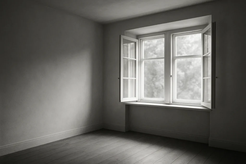 Intérieur d'une pièce vide avec fenêtres ouvertes, lumière douce