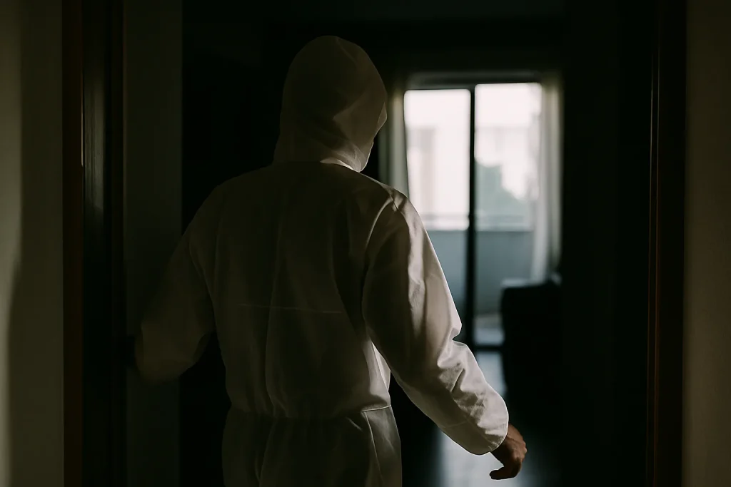 Technicien en combinaison de protection entrant dans un appartement sombre, lumière douce